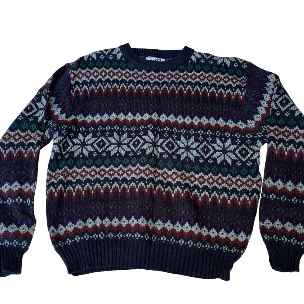 Vintage 80s Men's L Fair Isle Ski Sweater Nordic Snowflake Grandpa Pullover